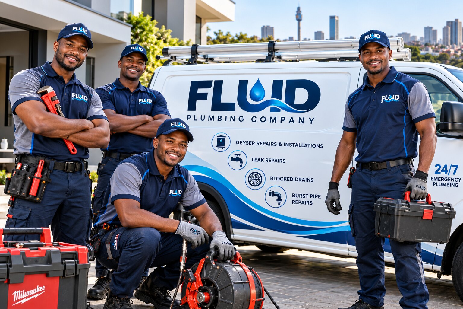 FLUID plumbing team standing together beside their service van in Johannesburg